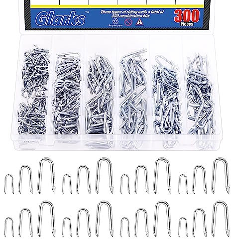 Glarks Juego de 300 grapas de alambre galvanizado de 3 tamaños, clavos en forma de U para valla tejida y malla de alambre