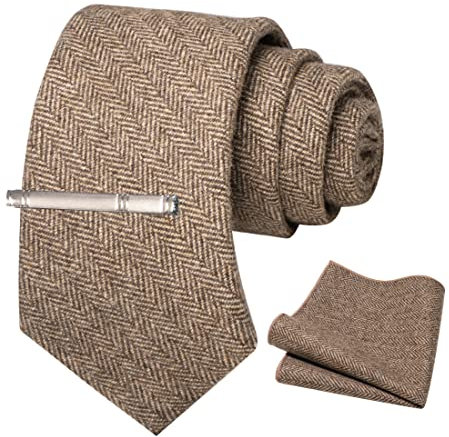 JEMYGINS Retro Wolle Gestreifte Form 2 Krawatte und Einstecktuch Krawattenklammer Sets für Herren