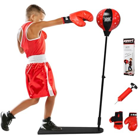 KOMFOTTEU Punchingball Standbox höheverstellbar 85-130cm, Standboxball mit Fußpedal, Boxhandschuhen & Pumpe, Boxen Set, Stehendes Boxsack für Kinder über 3 Jahre & Jugendlische