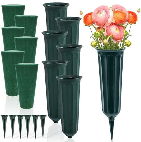 Goaste 6 Pack Cemetery Vases with Foam Inserts, Memorial Floral Vases with Spikes, Grave Flower Holder Cones for Outdoor Use, Lawn Headstone Graveside Decoration, Fresh or Artificial Flowers, Green
