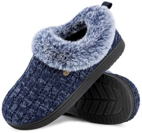 HomeTop Women's Cable Knit Slippers Breathable Warm Comfy Non-slip Indoor Outdoor House Shoes with Fuzzy Collar Navy, 5-6 UK