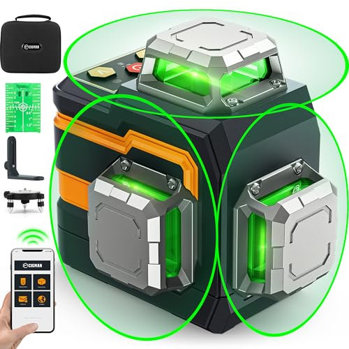 CIGMAN Nivel Láser Verde, Control Remoto Inalámbrico Bluetooth por APP, Autonivelante con Herramienta de Línea Cruzada 3x360° Línea Horizontal/Vertical, con Soporte Giratori