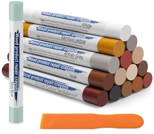 OITEK 16+1P Wax Filler Sticks, for Repair Crayons Painted with Cow Wood Products, 16 Colors Wood Wax Crayons Wood Filler Stick with Scraper