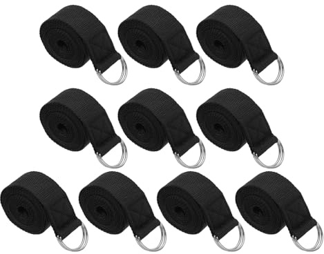 PATIKIL Cinghia da yoga per stretching 1,8 m, 10 pezzi, cintura da yoga in cotone con fibbia regolabile in metallo con anello a D elastici per fitness pilates, nero
