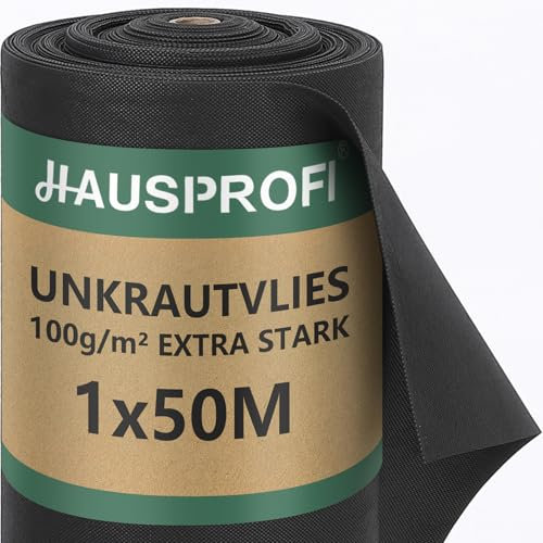 HAUSPROFI Premium Unkrautvlies 100g/m² - Hochdichte Unkrautfolie Wasserdurchlässig & Reißfest - UV-Stabil Gartenvlies aus Recycelbar PP - Umweltfreundlich & Knitterfrei, 50m x 1m