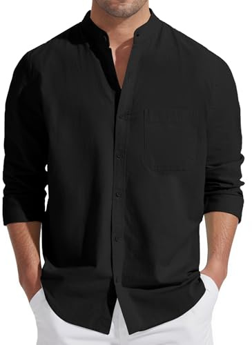 Friptspyg Camisas de Lino y Algodón para Hombre, Camisa de Lino de Manga Larga, Camisa de Verano, Cuello Alto, Camisas Informales, Camisas de Playa con Bolsillo, Negro M
