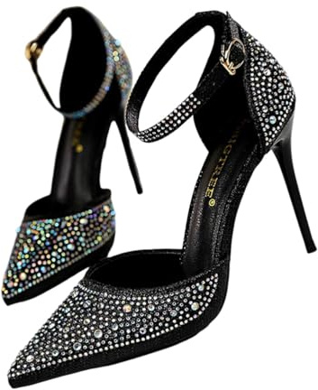 ticticlily Scarpe con Tacchi Alti10 cm da Donna Eleganti Punta Décolleté con Strass Scintillanti Cinturino alla Caviglia A Nero 39 EU