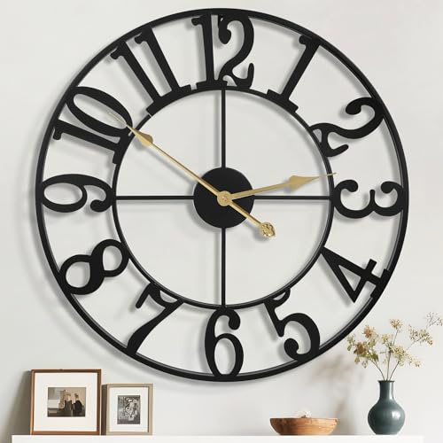 Mee 2ou 80cm Wanduhr, Leise Vintage Metall Uhr mit Holz-Zifferblatt, Batterie XXL Wanduhr im Landhausstil für Wohnzimmer, Schlafzimmer, Küche, Büro, Wanddeko