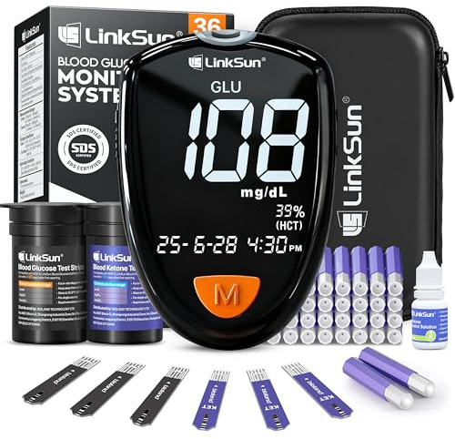 M26-K Blood Glucose & Ketone Testing Kit, 35 Safety Lancets, 25 Glucose Strips, 10 Ketone Strips, Travel Case, Glucose Control Solution, 2-IN-1 Glucose Ketone Meter, Home Use, No Coding, Large Display