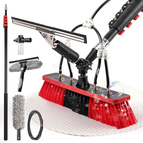 Spazzola di lavaggio telescopica 4 in 1, 7,2 m, per fotovoltaici, finestre, camper e tetti – asta telescopica e spazzola telescopica, set di pulizia con attacco dell'acqua, spazzola per la pulizia e
