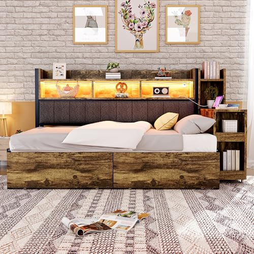 Idemon Sofá cama de hierro 90 x 200 cm con armarios de almacenamiento multifuncionales, enchufes multifunción e iluminación ambiental, cajones y escritorio extensible (color madera)