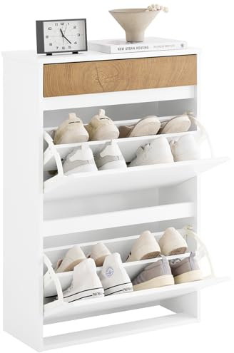 SoBuy Schuhschrank Schmal Hoch – Schuhkipper Schmal mit 2 Klappen & Schublade, platzsparend & modern – Flur Möbel für Eingang, Korridor, Wohnung – 61x26x91cm, Weiß & Holzoptik – FSR205-WN