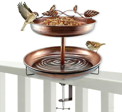 SKIKHN Comedero Pajaros Exterior Colgante, Baño para Pájaros para Jardín, Ajustable Bebedero para Pájaros y Comedero 2 en 1 con Soporte de Sujeción, para Jardín, Balcón, Terraza y Cubierta