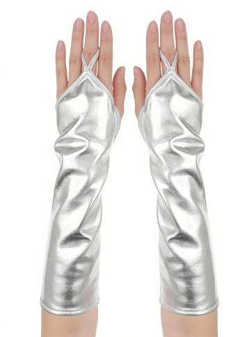 KIMHOME 1Pcs Shiny Silver Metallic Fingerless Gloves, Women's Patent Leather Evening Gloves for Alien Costume Cosplay Halloween & Party