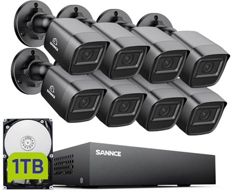 SANNCE 2MP Kit de Cámara de Vigilancia 8CH DVR y 8 Cámaras de Video Vigilancia IP66 Impermeable Visión Nocturna - 1TB HDD