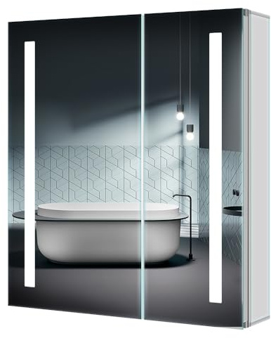 Quavikey® LED Bathroom Mirror Cabinet With Shaver Socket 2 Doors Grey Bathroom Cabinets With Mirror 3 Color Changing Wall Mounted With Removeable Shelf And Built-in Defogger 630 x 650 mm Aluminum