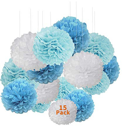 XCOZU 15 Piezas Pompones de Papel Seda, Flores Pompon Papel Seda de Colores Adecuado para Carnaval, Cumpleaños, Boda, Navideñas, Festa dei Bambini Decoracion, Azul y Blanco