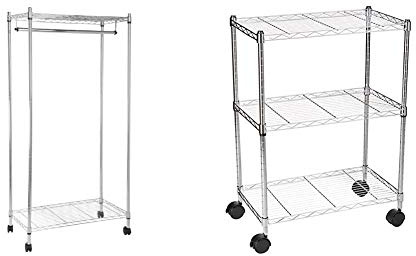 Amazon Basics Kleiderständer mit zwei Ablagen, verchromt & Regal mit Rollen und 3 Regalböden - Chrom
