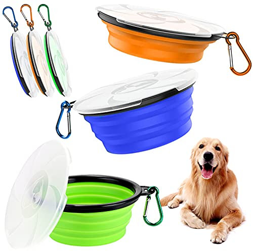 Wenearn Faltbare Hundenapf mit Deckel, 3 Stück Silikon Haustier Reisenapf, Tragbare Haustiere Schüssel, Camping Schüssel für Hunde Katzen, Silikonschüssel für Haustiere mit Karabinerhaken (450 ML)