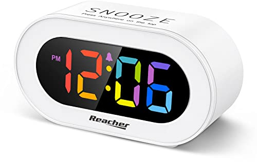 REACHER Small Colorful LED Digital Alarm Clock with Snooze, Simple to Operate, Full Range Brightness Dimmer, Adjustable Alarm Volume, Outlet Powered Compact Clock for Bedrooms, Bedside, Desk, Shelf