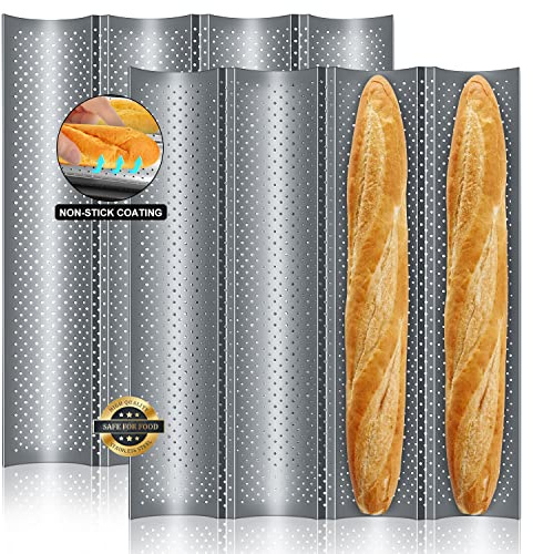 Walfos 2 Pack Nonstick Baguette Pans, No Coating Coming Off, Perforated 4 Loaves French Bread Pan, Long-lasting Baguettes Bakery Tray for Baking Molding, 15 x 13