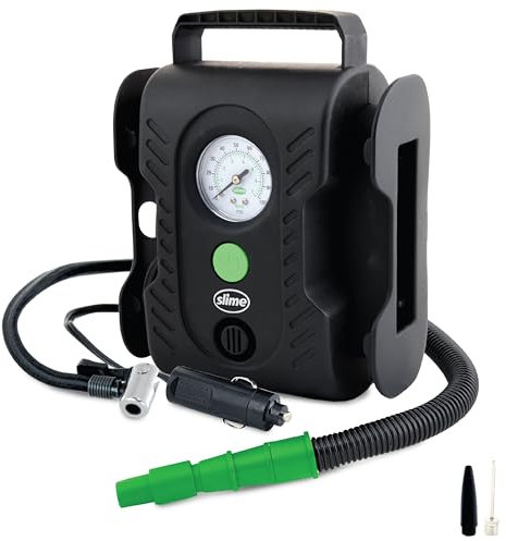 Slime 40066-95 Compressore pneumatici, multiuso, per pneumatici, gommoni e materassi, analogico, con luce LED e tubo a innesto rapido, gonfiaggio in 8 minuti