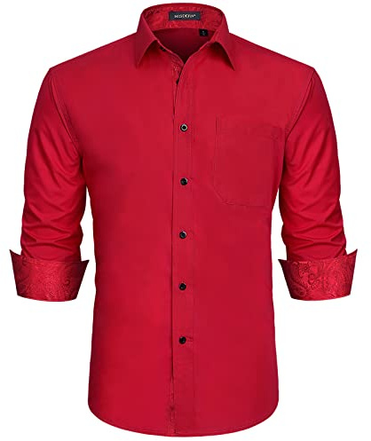 Camicia da Uomo Rossa Camicia Formale Manica Lunga Button Down Marrone Paisley Lavoro Colletto Floreale Camicia Bordeaux vestibilità Regolare M