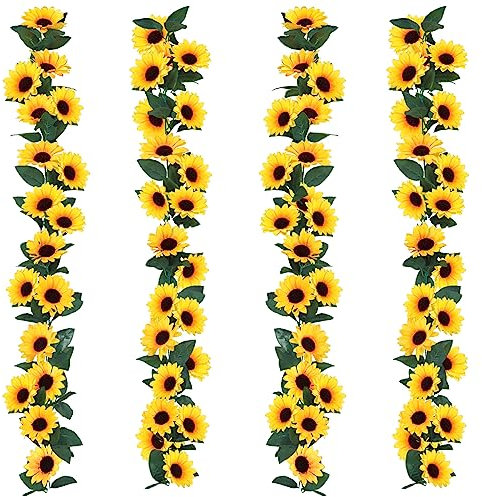 4 Stück 7,3 FT Künstliche Sonnenblumen Girlande, Sonnenblumen Deko Realistisch und Geruchlos, Künstliche Blumen Girlande für DIY-Kranz Garten Bogenzaun Balkon Garten Party Hochzeit Deko.