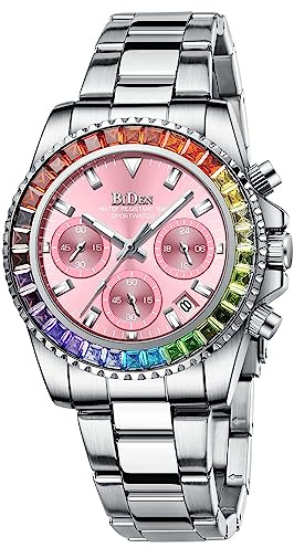 Women Colorful Diamond Watches Chronograph Rotatable Bezel Mineral Glass Luminous Watch Stainless Steel Waterproof Date Analog Quartz Watch Fashion Business Dress Wristwatch (Silver Pink)