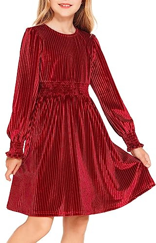 Arshiner Abito Casual per Ragazze Abito in Velluto a Maniche Lunghe Abito Autunnale Vintage Abito Natalizio Abito da Festa Rosso Abito Invernale Semplice da Principessa 8-9 Anni