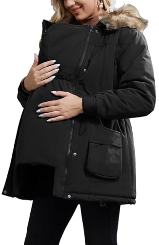 Maacie - Cappotto da donna per gravidanza, 3 in 1, invernale, caldo, con cappuccio, in pile, con fodera spessa, Nero , L