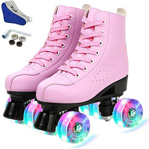 YYW Roller Skates for Women Men Girls Boys, High Top PU Leather Classic Double-Row Roller Skates, Indoor Outdoor Roller Skates for Beginner (Pink Flash, 34-Youth 3)