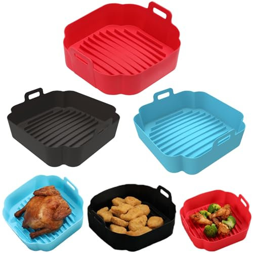 3Pcs Air Fryer Liner Pot Anti-Adhésif en Silicone avec Poignée, 8 Pouces Pot Friteuse à Air Chaud, Moule Airfryer Réutilisables Plat Carre, Panier pour Four, Micro-Ondes, pour COSORI, Ninja, Tower