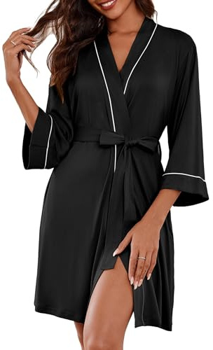 Ekouaer Dressing Gown for Women Lightweight Short Bathrobe Loungewear Robe | v-neck, soft smooth fabric, 3/4 sleeves, side pockets, white piping, spa hotel loungewear