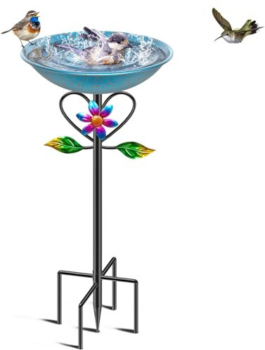 MeyRolizn Vogeltränke Stehend Winterfest, Metall Vogelbad Vogelbecken Garten mit 5 Erdspießen, Wassertränke für Vögel Vogelfutterspender mit Ständer für Garten Hof und Rasen Dekor (blau)