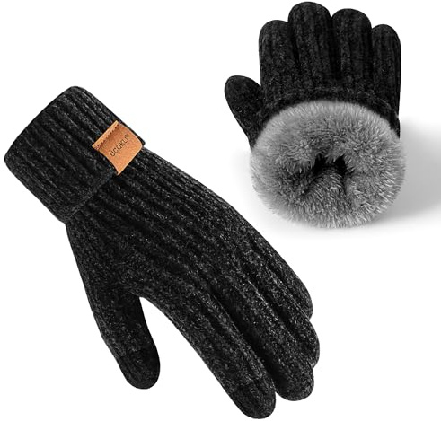 UCQKLI Winter Gloves for Women Chenille, Womens Gloves for Cold Weather Warm Fleece Lined with Touchscreen Fingers, Gloves for Women with Knit Elastic Cuff(Black