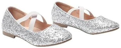 Bismaa Girls Mary Jane Duel Strap Flat Party Wedding Shoes Elegant Princess Dress Up Glitter Ballet Flats Bridesmaid Shoe for Children Silver,13 UK