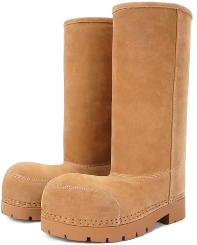 LACIKOSZ Faux Suede Platform Fuzzy Snow Boots Round Toe Hippy Winter Boots Slip On Knee High Chunky Heel Fur Tall Boots for Women