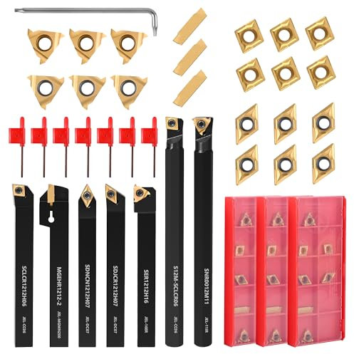 VerRich 28Pcs Kit Indexable Lathe Turning Tools,1/212mm Shank Boring Bar Metal Turning Tool Holder With 21pcs Carbide Inserts for Boring Cutting Grooving Turning Threading