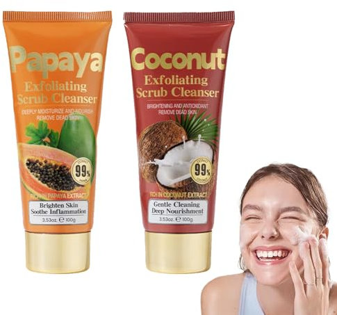 Gommage Visage Nettoyant Exfoliant - Lotion Hydratante Quotidienne, Minimisant Les Pores, Nettoyant Moussant Exfoliant, Pour Une Peau Lisse Et éclatante, 2 Pièces (Papaye Et Noix De Coco)