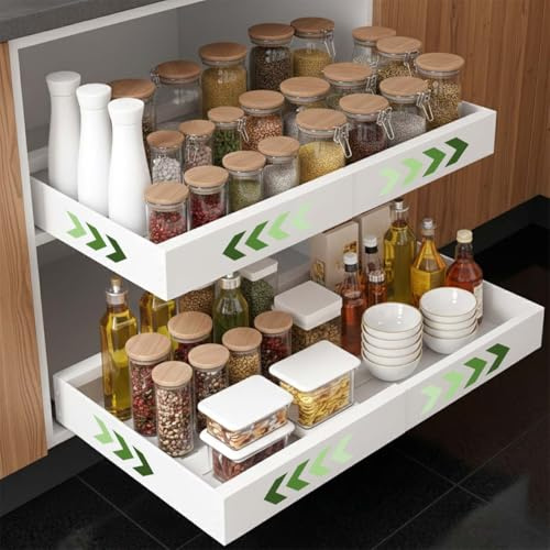 Pack de 2 Cajones Extraibles para cocina, Bandeja Armario Telescópico Adhesivos, Organizador Armario de Ancho Ajustable 32-52 cm, Para Almacenaje y Organizador en Hogar, Sin Taladrar, Color Blanco
