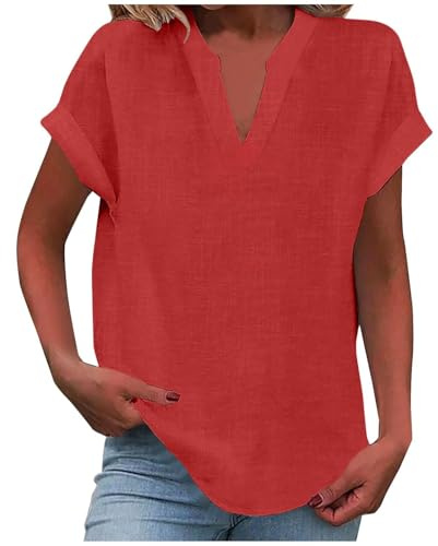 Chemisiers et Blouses Femme Tunique à Manches Courtes et Col en V | Blouses Femme avec Boutons Couleur Unie Coton Lin Tee Shirt Femme