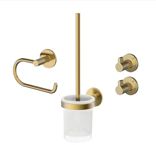 Lenz Juna 4190041 Ensemble d'accessoires de Salle de Bain en Or – 4 pièces – Porte-Papier Toilette, Brosse WC et Deux Crochets pour Serviettes – À Coller ou à percer – avec Surface Anti-Traces de