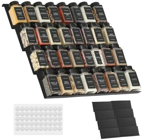 Juego de 8 organizadores de cajones de especias, estante de especias y condimento negro con adhesivo de fijación, organizadores de especias y almacenamiento, inserto extensible ajustable para encimera