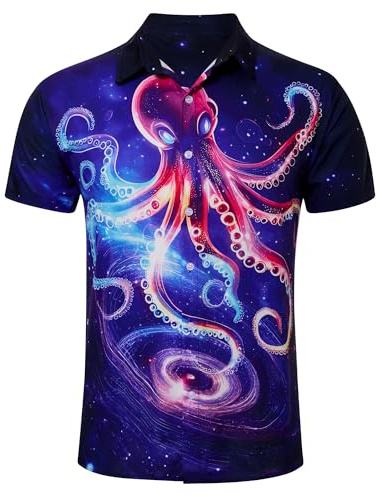 RAISEVERN Galaxy Mens Shirts 3D Printed Hawaiian Funny Octopus Funky Stag Bright Ugly Holiday Bad Taste Crazy Shirt Rave Awful Gifts, L