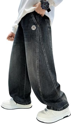 Rolanko Lösa cargobyxor för pojkar Bootleg Skater Jeans Stretch Midja med Flera Fickor Vintage Denim Byxor för Barn, Blå broderi, 10-11 anni