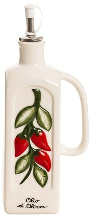 DIVINA Italian Design Huilier en céramique, décoré de piments rouges et feuilles vertes, avec poignée et bouchon doseur, lavage à la main - SF113P