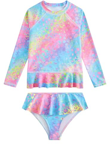 DivingBirds Costume da Bagno a Maniche Lunghe per Ragazze, Costume da Bagno a Due Pezzi per Bambini con Protezione UV dal Sole, Set da Nuoto Leopardato 2-10 Anni, 9-10 Anni
