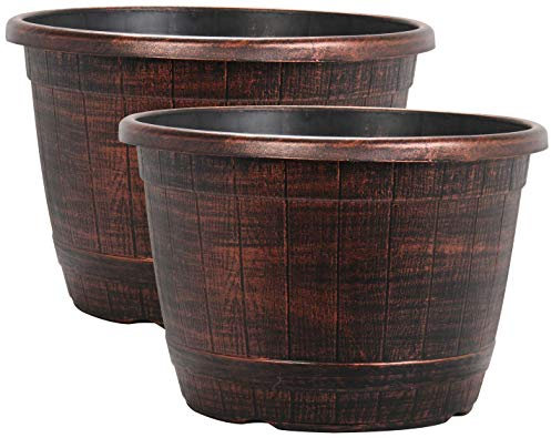 Muddy Hands Copper Wooden Barrel Effect Plant Pot Round Plastic Planter Outdoor Garden Flower Tree Herb (2, 13.2 Litre)