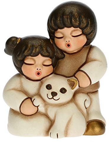 THUN - Figurine de crèche Couple d'enfants avec Chat - Décorations de Noël Maison - Ligne crèche Classique, Variante Blanche - Céramique - 5,5 x 4 x 6,5 h cm